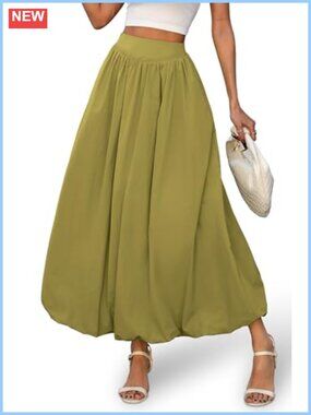 Bubble Maxi Skirt Elastic Waist A-Line Puffy Hem Ankle Length Side Pockets